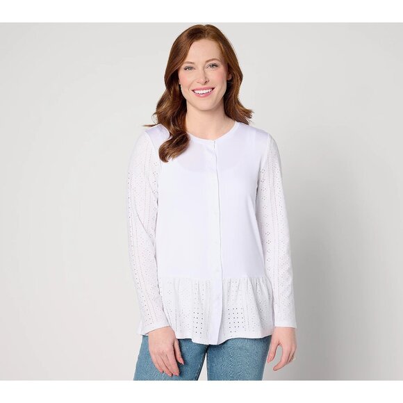 LOGO Layers by Lori Goldstein Long Sleeve Cardigan with Eyelet Peplum Womens Sma - Picture 1 of 7